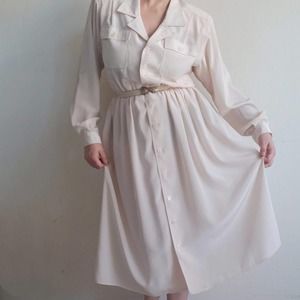Vintage Leslie Fay Ecru Button Down Midi Dress Size 10